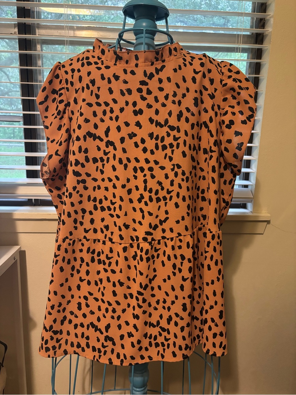 Peach Black Spot Print Ruffle Neck Blouse